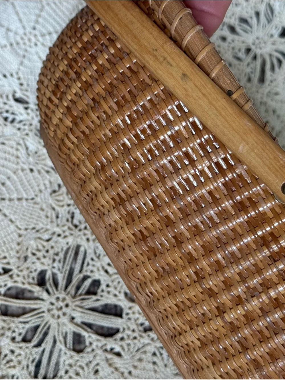 Vintage Woven Basket with Quilted Fabric Liner & Wood Handle Cottage Decor